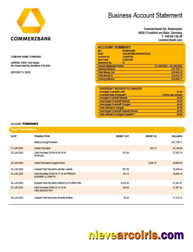 Commerzbank company checking account statement